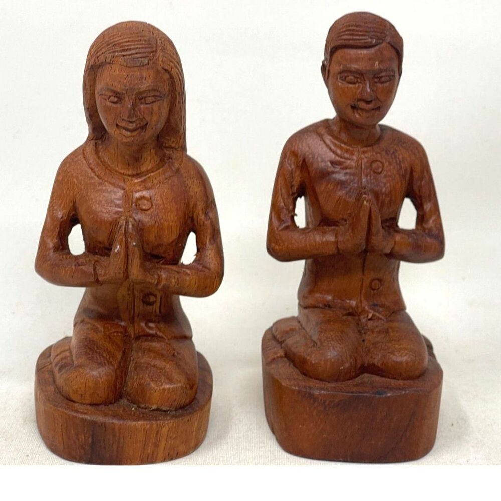 Vintage MCM Hand-carved Wooden Statues Thai Sawasdee Couple Theppanom Figure Art